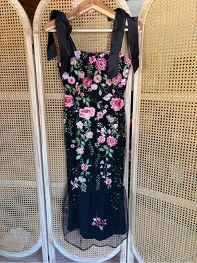 Lulu's Black Midi Dress with Pink Floral Embroidery and Tie Straps